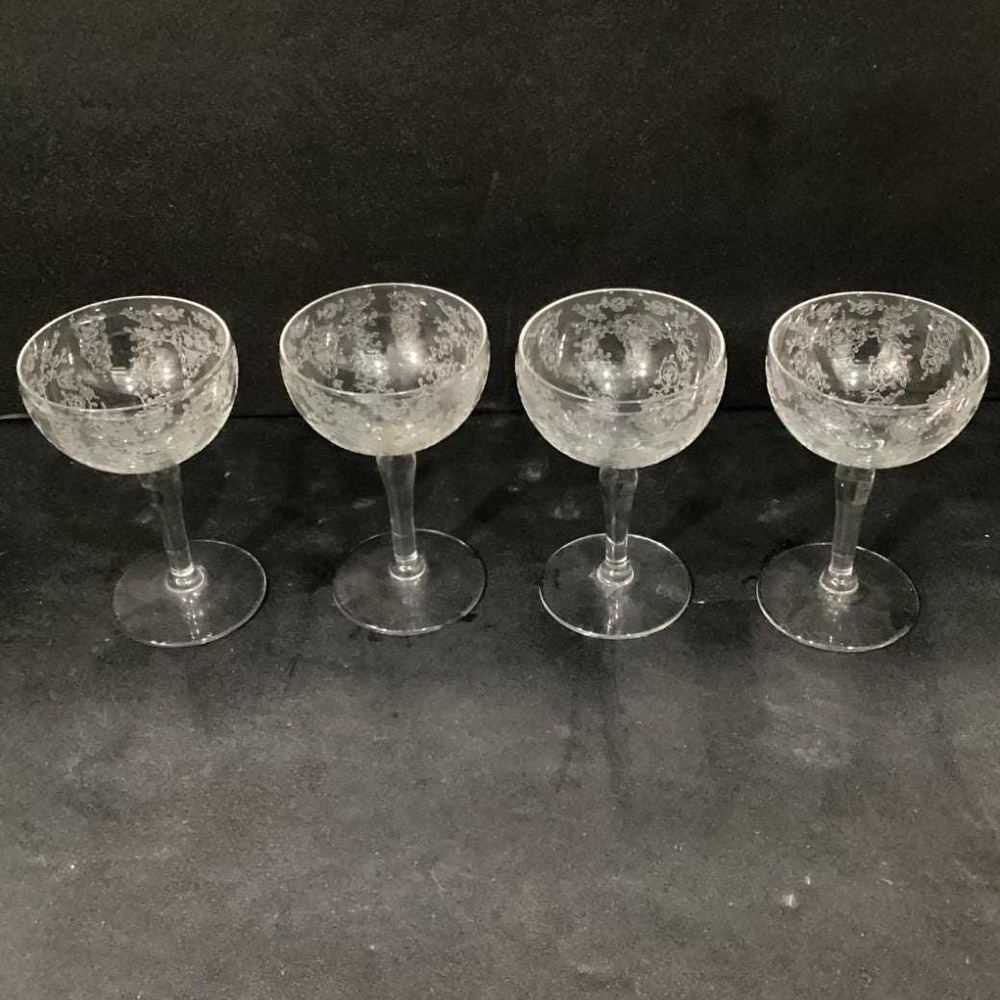 Fostoria Style Chinz Tall Sherbet Glasses, Set Of 4, Vintage Etched Stemware - Picture 6 of 11
